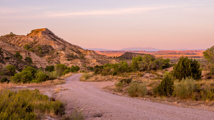Desert landscape at sunset, Monegros Desert, Aragon, Spain