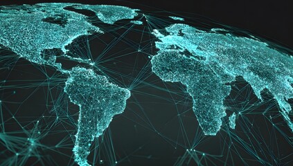 Global digital network connections illuminating the planet earth with bright cyan lights representing data flow and connectivity isolated on transparent background