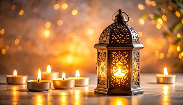Ornate lantern with tealight candles and bokeh lights in warm festive glow