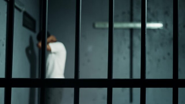 Young arrested man pacing behind bars, serving punishment in confinement