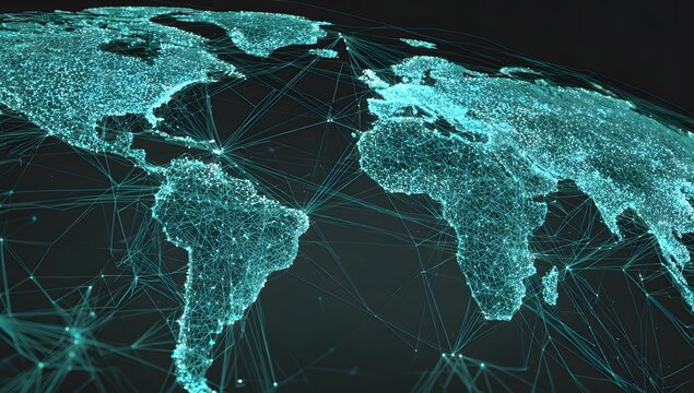 Global digital network connections illuminating the planet earth with bright cyan lights representing data flow and connectivity isolated on transparent background - Powered by Adobe