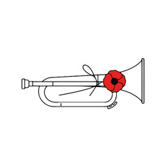 Bugle with red poppy flower tied to it with ribbon, representing military tradition and remembrance, isolated on transparent