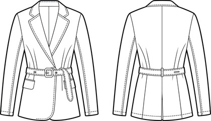 Women belted blazer fashion CAD, tailored jacket technical flat sketch, vector illustration, front and back view, apparel design template, garment construction drawing