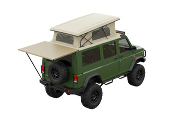 Isolated four-wheel drive camper truck with rooftop tent, custom off-road utility vehicle