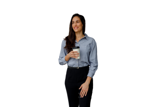 Businesswoman holding take away coffee cup, smiling and looking away, enjoying a break, transparent background