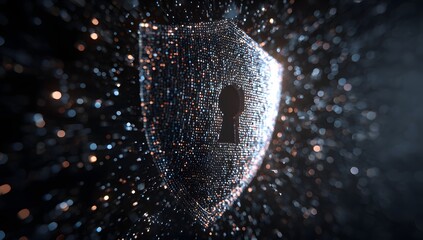 Digital security concept of a glowing padlock with a keyhole made of glowing particles and circuits isolated on transparent background