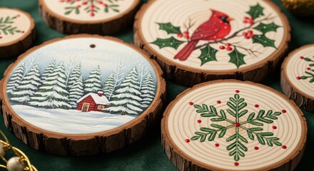 Handcrafted Wooden Christmas Ornaments Featuring Festive Winter Designs on Green Fabric