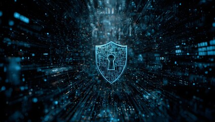 Digital shield emblem representing cybersecurity and data protection in a futuristic network environment isolated on transparent background