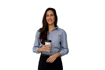 Smiling business woman holding coffee cup on break, enjoying a refreshing drink, transparent background