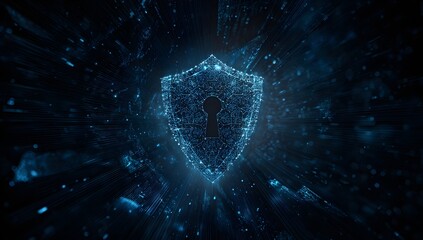 Abstract digital shield emblem glowing with blue energy and intricate geometric patterns isolated on transparent background