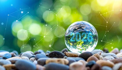 Glass sphere with “2026” and “FUTURE” on pebbles, digital network background