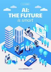 AI promotional poster with smart city robots and digital interface in isometric cartoon style