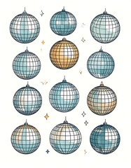 Collection of illustrated spherical objects with reflective surfaces and hanging loops