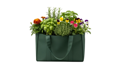 Green Tote Bag Filled with Colorful Flowering Plants on Transparent Background