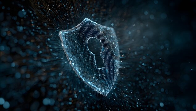Digital shield with a keyhole symbol representing cybersecurity data protection and network defense technology isolated on transparent background
