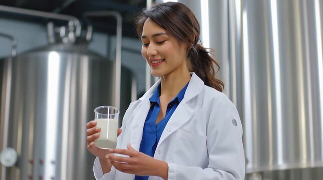 Smiling Asian female scientist in lab coat holding a glass of milk inside modern dairy processing facility
