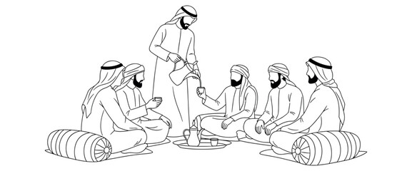 Arab Men Drinking Arabic Coffee Together in Majlis Line Art Vector