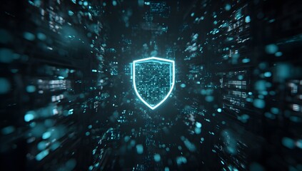 Glowing neon blue digital shield symbol representing cybersecurity and data protection in a futuristic network environment isolated on transparent background