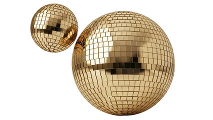 Gold disco balls with reflective mosaic surface set against Transparent Background
