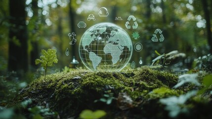 Digital globe with sustainability icons floating above green moss in dense forest, symbolizing eco-friendly innovation, environmental conservation, climate action, green energy, global responsibility