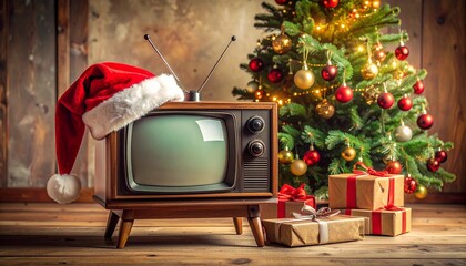 Vintage TV with Santa hat in cozy Christmas room with tree and presents