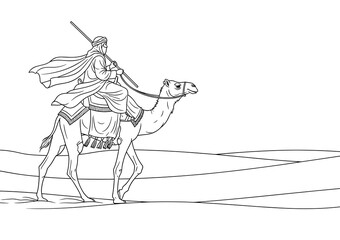 Bedouin Rider on Camel Crossing Desert Line Art Vector Illustration