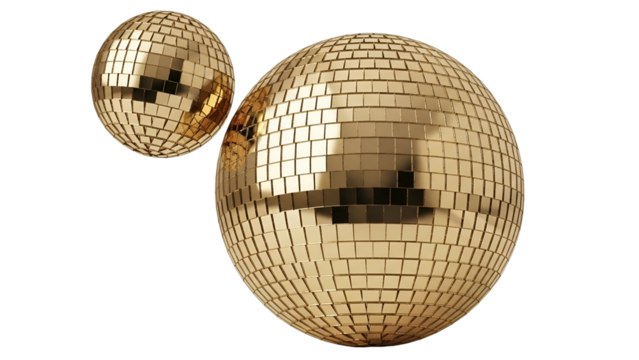 Gold disco balls with reflective mosaic surface set against Transparent Background