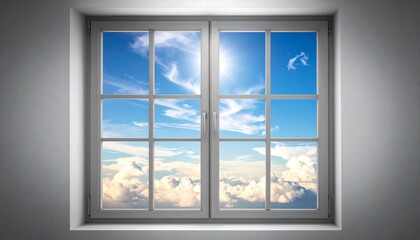 A classic, rectangular window frame, centered, displays a bright, clear, azure sky with puffy, white clouds and the radiant sun