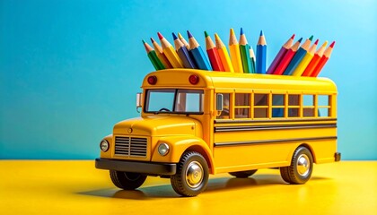 Toy school bus with pencils and smiling doll on blue-yellow gradient background