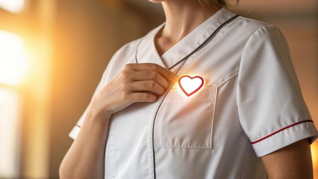 Nurse with glowing heart symbol shows care and support