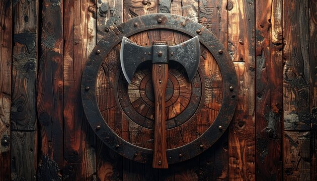 A close-up shot of a battle axe mounted on a wooden door, exuding a sense of strength and historical significance