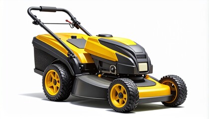 Yellow and black ride-on lawn mower with seat and rear compartment