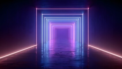 Endless glowing geometric tunnel with vibrant purple and pink neon light reflections on a dark reflective floor isolated on transparent background