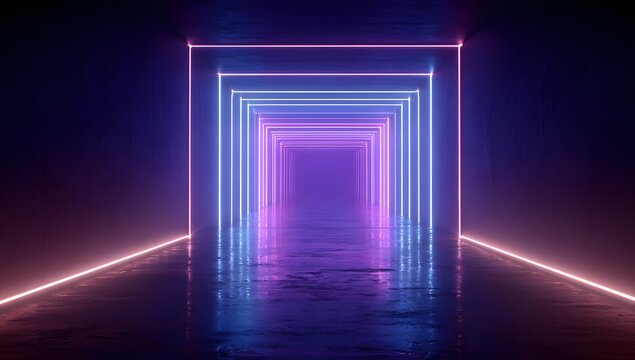 Endless glowing geometric tunnel with vibrant purple and pink neon light reflections on a dark reflective floor isolated on transparent background