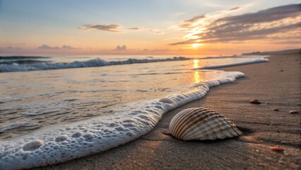 Serene beach sunset with gentle waves and seashell on wet sand