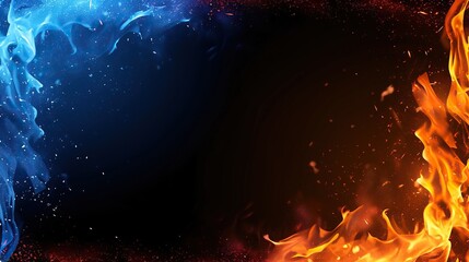 Fire and ice background design, with blue flames and red sparks on a black empty space, clear, focused, wide dynamic range, high-angle view, for bold creative expression.