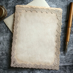 Vintage Blank Paper with Decorative Lace Border and Pen Accents