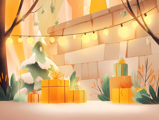 Christmas background with rustic wooden wall, glowing lights, snowy and festive gifts on a cozy winter evening, greeting card illustration