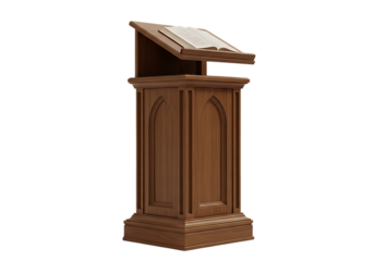 Illustration of a classic wooden lectern with an open book, isolated on a transparent background, perfect for religious services, academic lectures, or public speaking events on transparent background