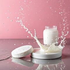 Fresh milk splashing from a white dish with a glass jar and pink background