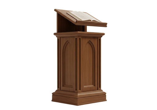 Illustration of a classic wooden lectern with an open book, isolated on a transparent background, perfect for religious services, academic lectures, or public speaking events on transparent background