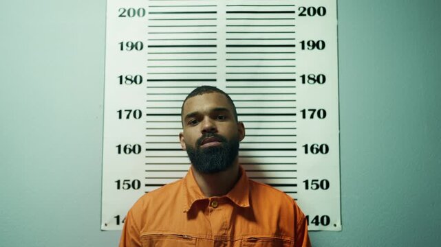 African American prisoner in orange jumpsuit posing for mugshot in prison