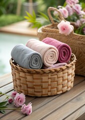 Rolled spa towels in a woven basket with pink roses and blurred outdoor background