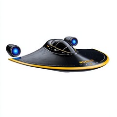Sleek Black Futuristic Spaceship with Glowing Blue Engines on White