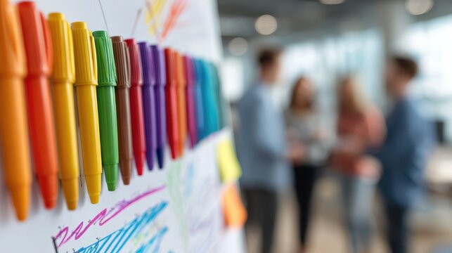 Colorful Markers and Collaborative Team Discussion in a Modern Office Workspace