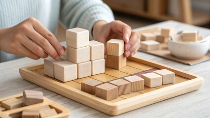 Person s hands stacking wooden blocks on a tray for a building game or puzzle