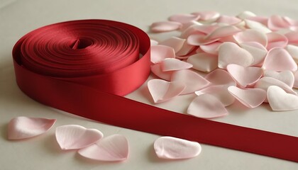 A roll of rich red satin ribbon next to a pile of delicate pale pink rose petals