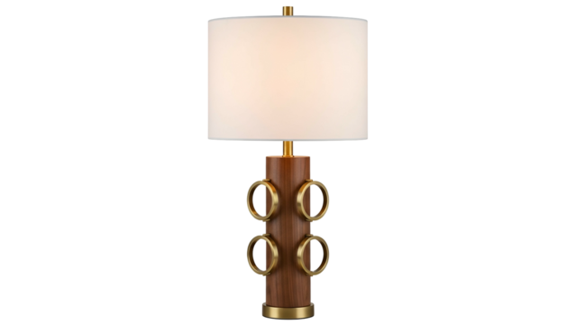 Elegant Modern Table Lamp with Wooden Base and Circular Gold Accents in Bright White Shade