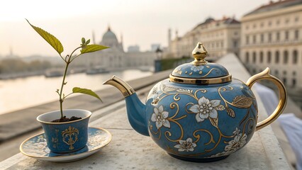 Ornate blue teapot and seedling on a balcony overlooking a european city river and buildings