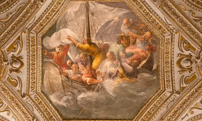 Schilderijen op glas Jezus Christus SALERNO, ITALY - OCTOBER 6, 2025: The ceiling fresco of Jesus Calms the Storm in the crypt of Cathedral of St. Matthew by Belisario Corenzio (1558–1646)  © Renáta Sedmáková